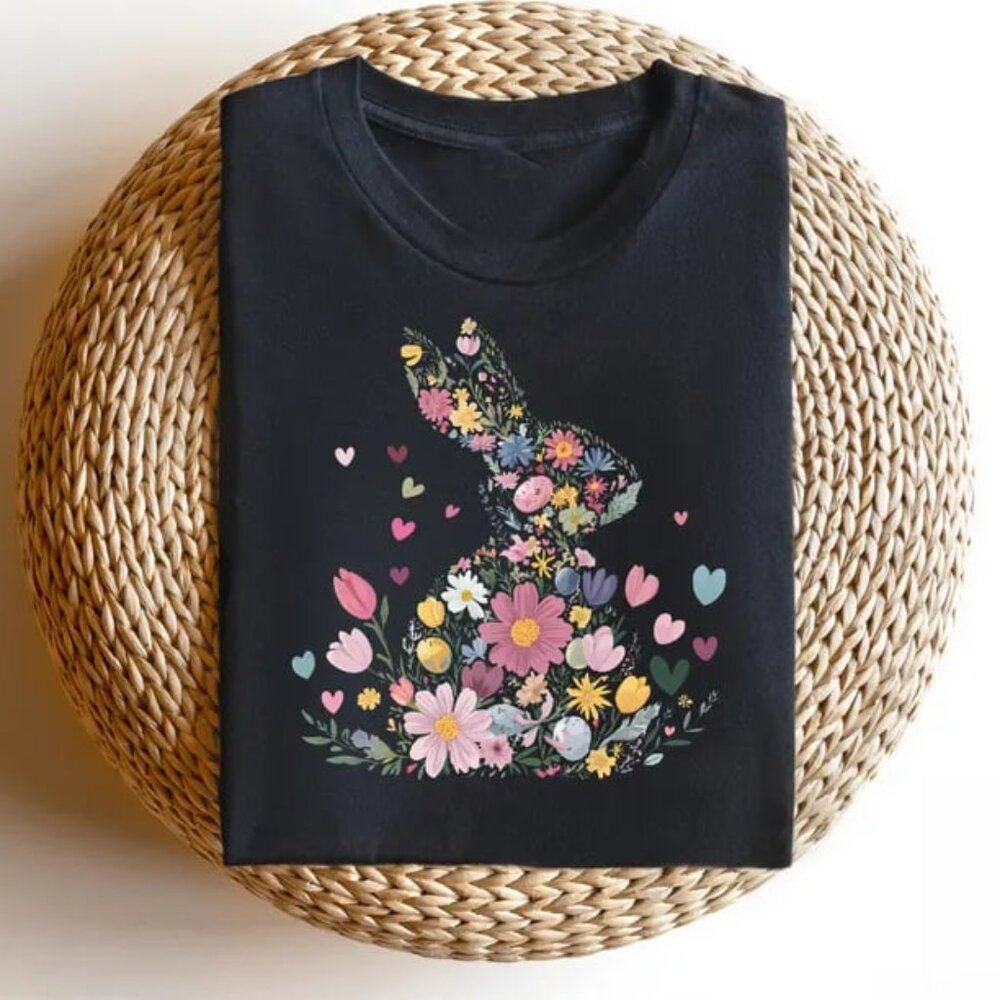 Graphic Easter Floral Bunny Shirt, Cute Easter Gift